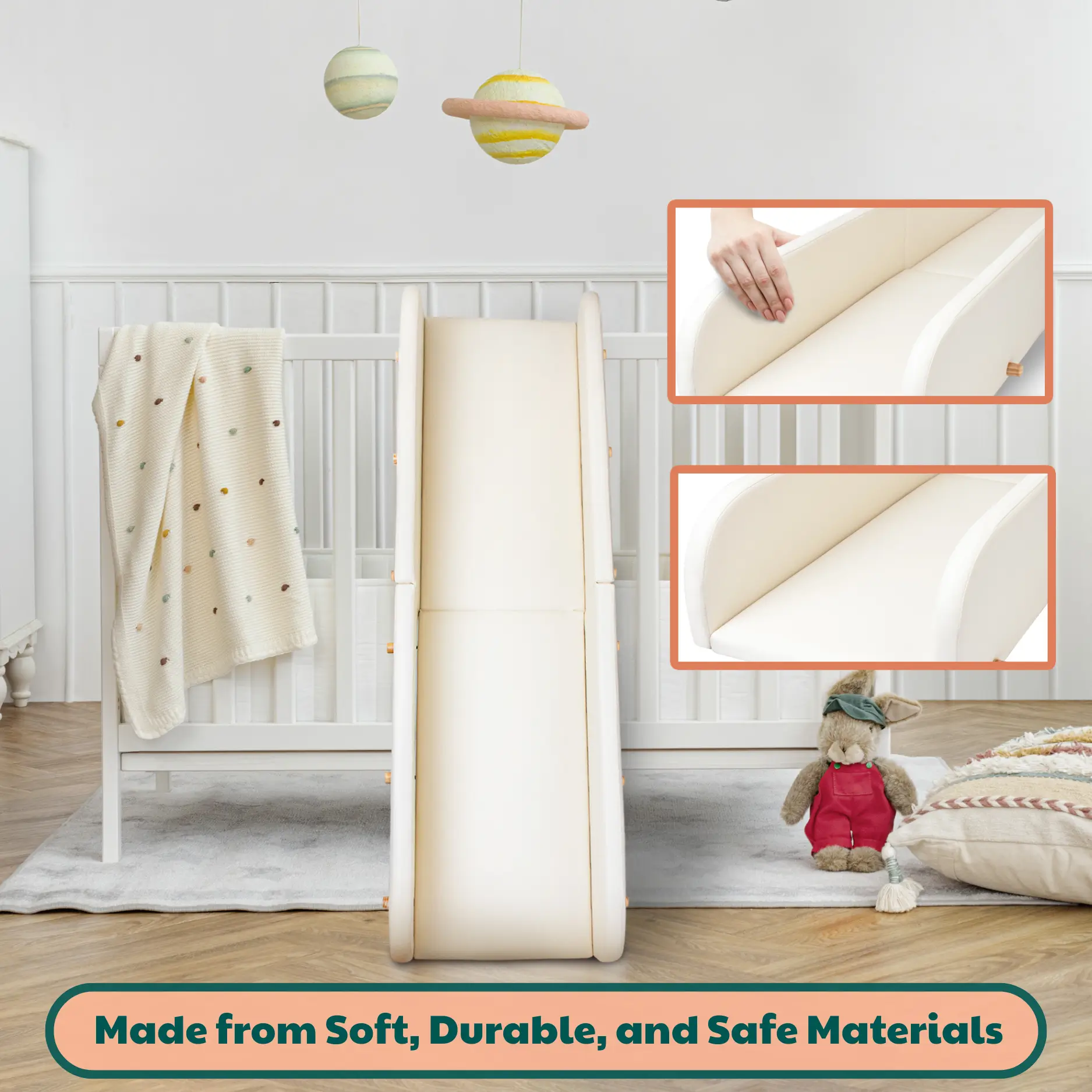 product shot of the crawlaroo doman crawling track propped against baby crib to illustrate it's size