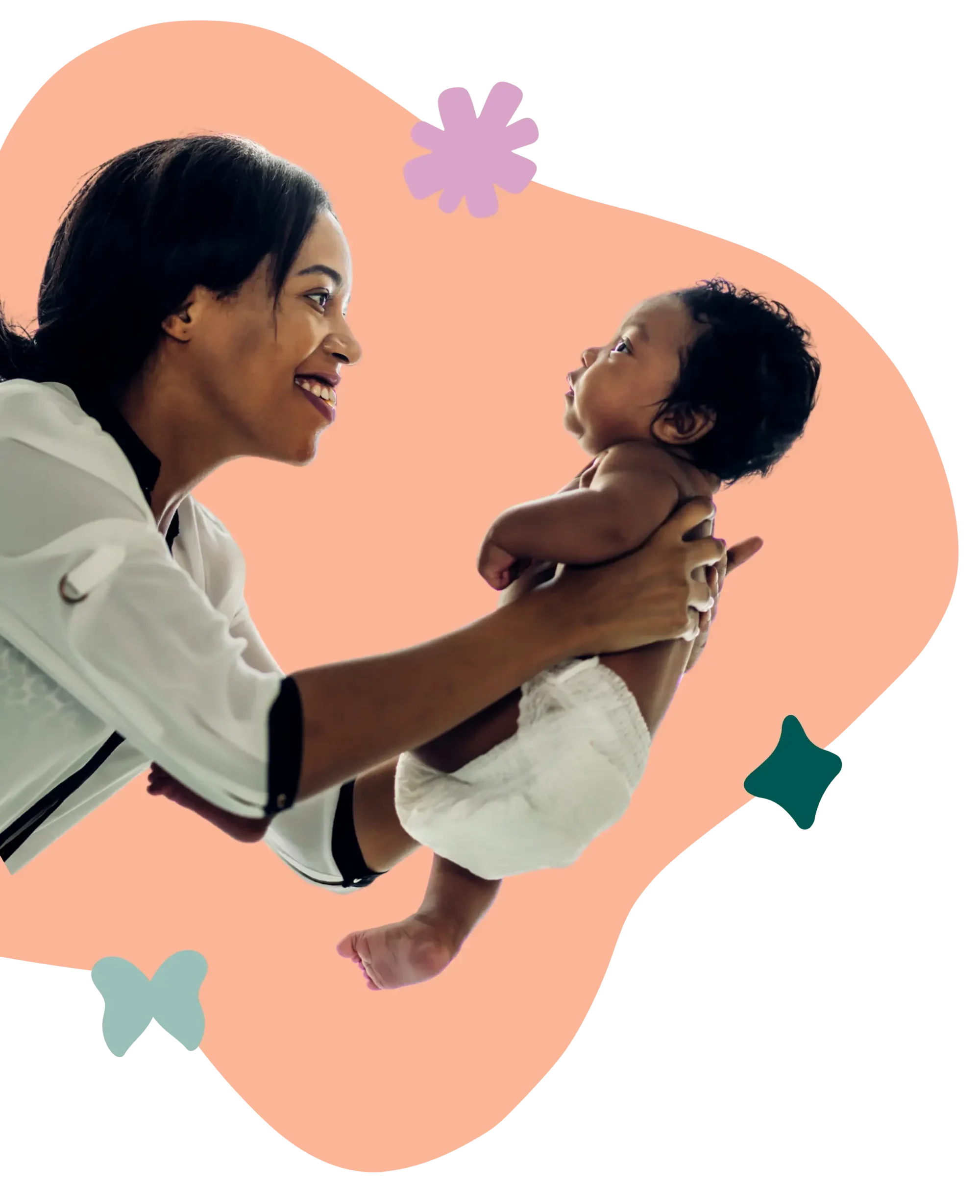 black mother looking up lovingly at her infant as she holds it up playing