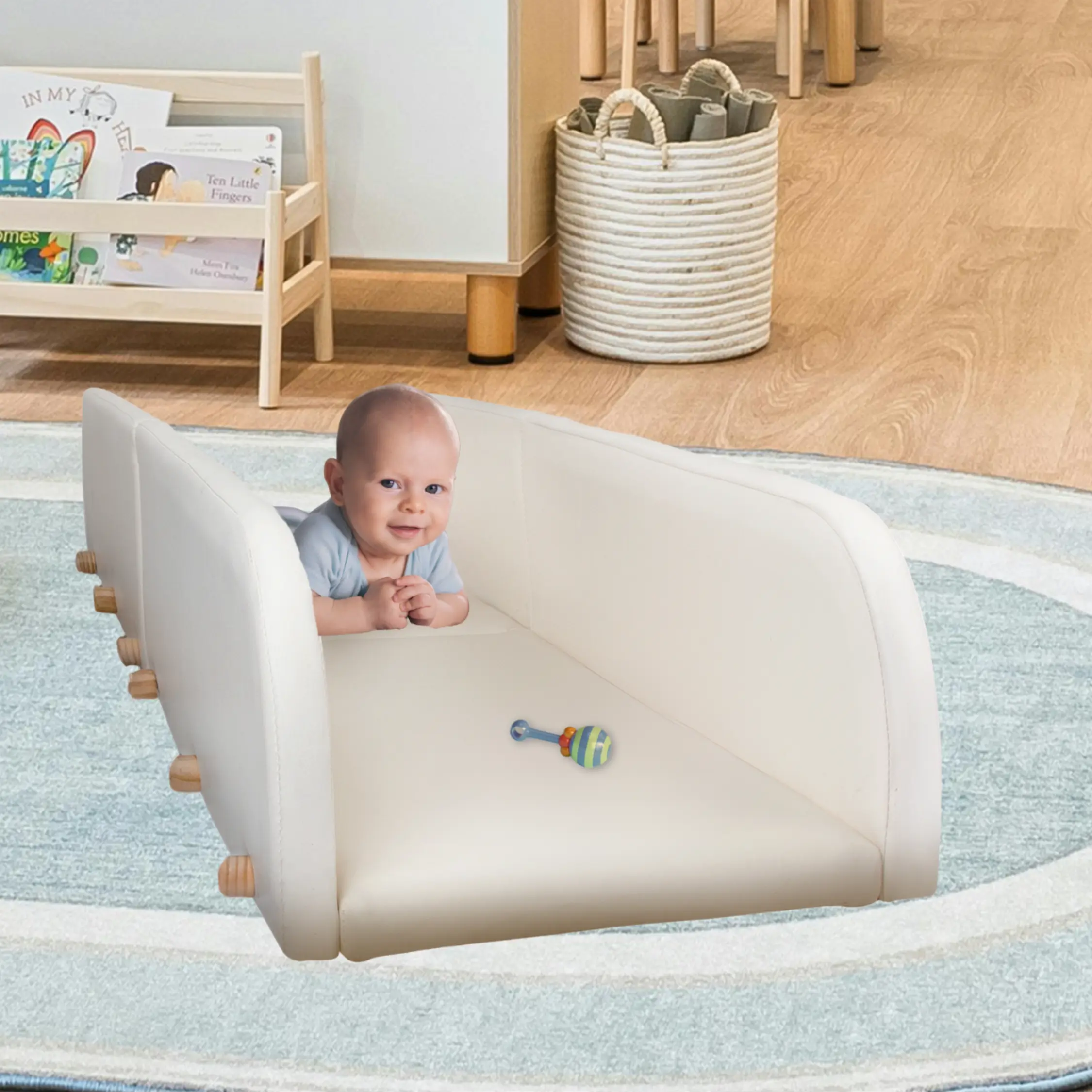 infant having fun during tummy time in the crawlaroo infant crawling track and tummy time toy with rubber ducky at the end to encourage early crawling