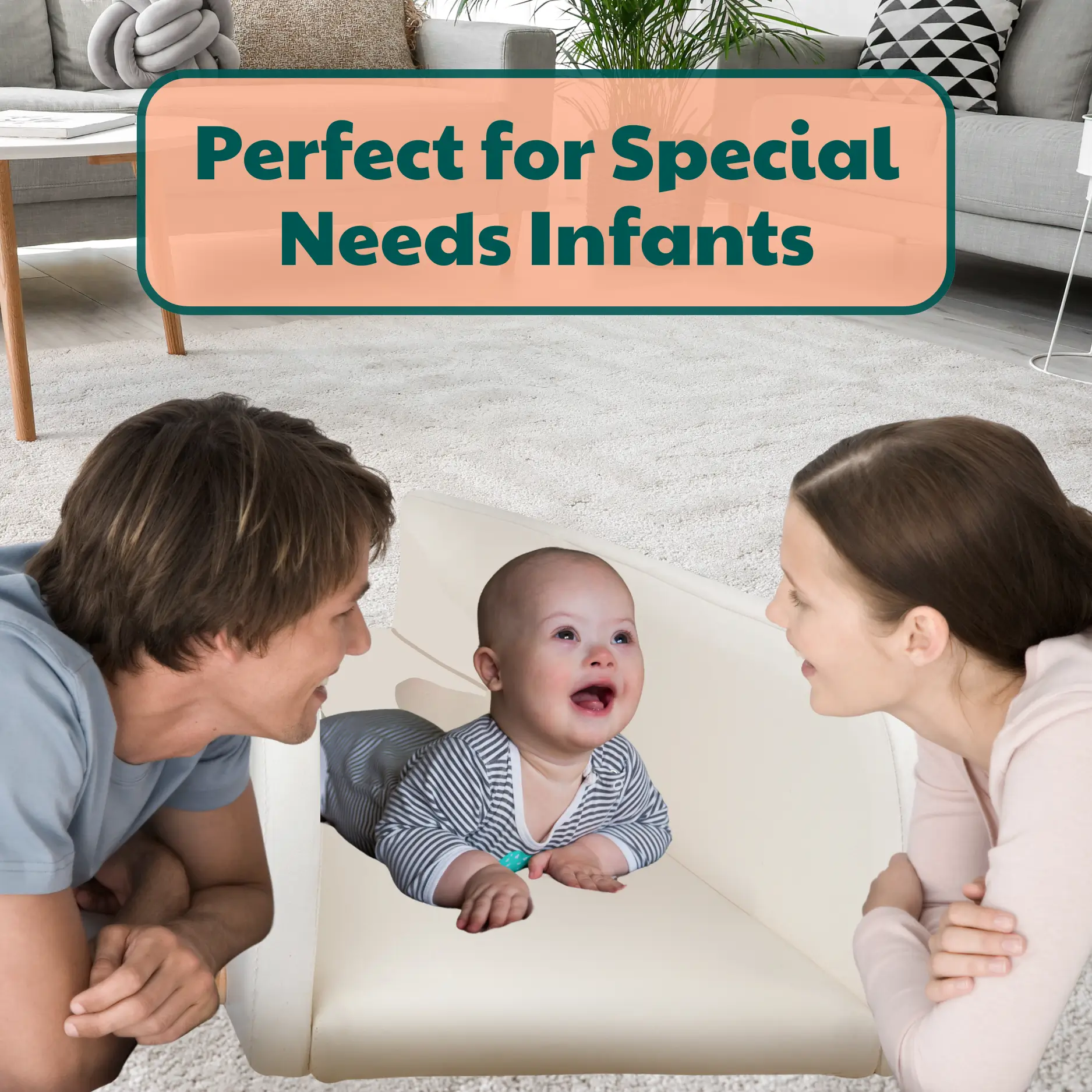 two parents encourage their special needs downs syndrome baby in the crawlaroo crawling track