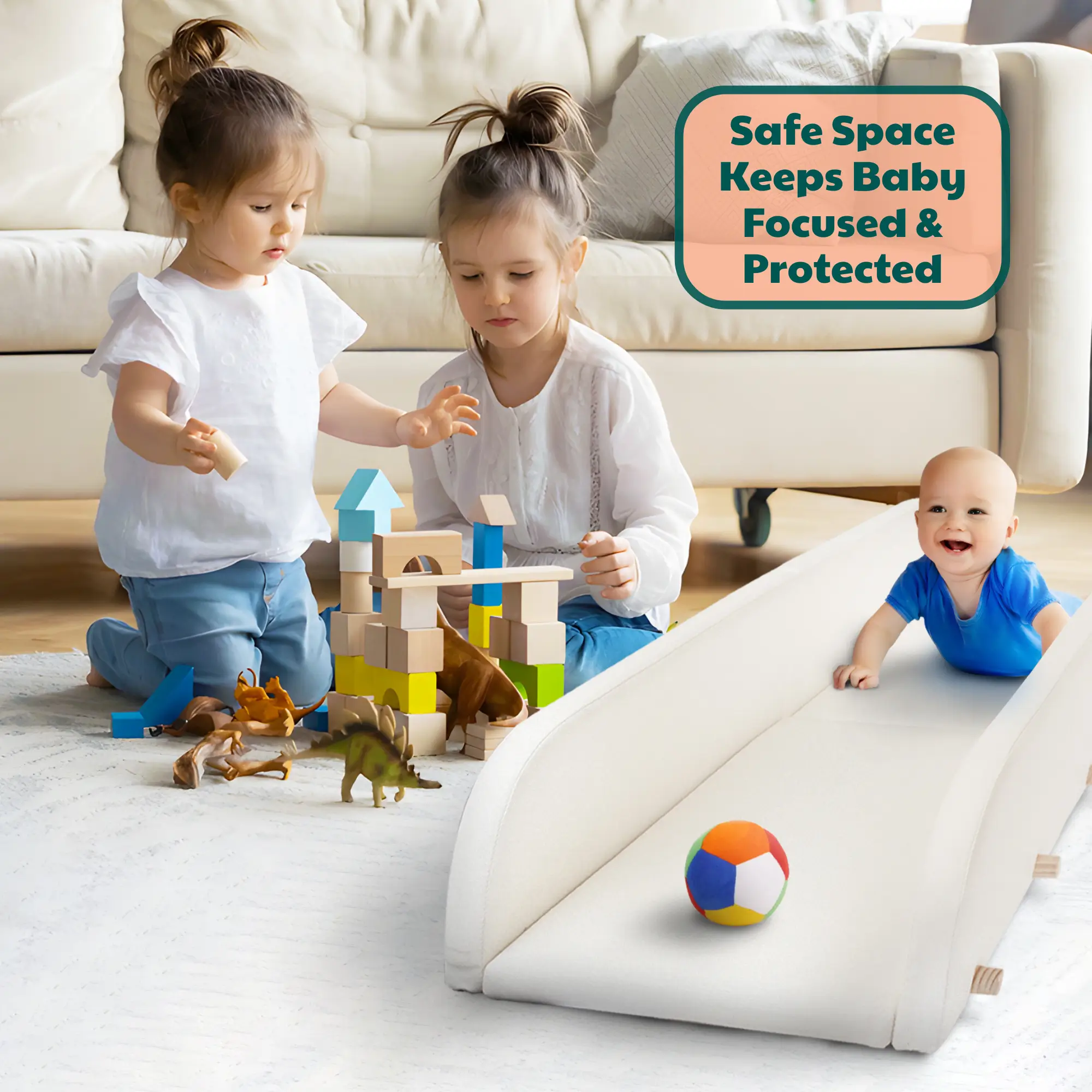 happy baby safely enjoys tummy time in the crawlaroo doman crawling track as older sibling plays running around to illustrate why the crawling track makes tummy time a bit safer for baby